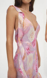 FOR LOVE AND LEMONS BEATE RUFFLE PINK MAXI DRESS IN BLURRED ROSE PRINT S Photo 0