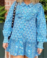 Teal Blockprint Mini Dress Blue Photo 0