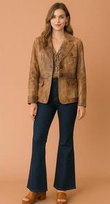 Black Rivet Button Closure Notched Lapel Leopard Lined Leather Jacket Large Boho Photo 0