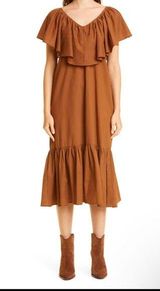 Mille Resort & Travel Juliet Trapeze Ruffle Neck Midi Dress In Cafe Size L Brown Size L Photo 0
