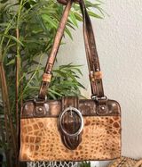 2000s Y2K Brown tan leather shoulder hand bag purse large silver tone buckle Photo 0