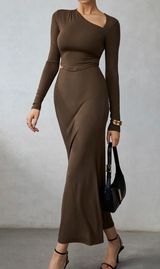 Commense Brown Asymmetrical Cropped Long Sleeve Top & Maxi Skirt Set XS NWT Photo 0