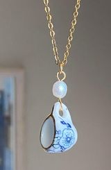 porcelain tea cup & freshwater pearl unique fun fairy antique style necklace🫖🍃🌀 Photo 0