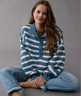 American Eagle Soft Oversized Big Hug Henley Sweatshirt Blue White Stripe‎ XL Photo 0