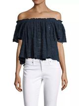 Free People Thrills and Frills Off-The-Shoulder Knit Sweater in Navy -Medium Photo 0