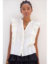 Anthropologie Pilcro Ruffled Buttondown Blouse Top Size Small in Ivory Metallic Photo 0