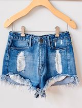 Show Me Your Mumu MUMU Blue Wyoming High Waisted Distressed Shorts in Surf Wash Blue  Photo 0