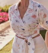 Seashell Embroidered Puff-Sleeve Wrap Top -  Mauve (Size L) Photo 0