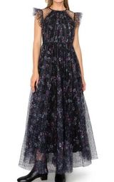 MELLODAY Fit & Flare Mesh Midi Dress Flocked Floral Tulle Ruffle Size XL Photo 0