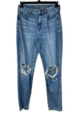 American Eagle SZ 8 LONG Mom Jeans Strigid Distressed Rips Hi-Rise Zip-Fly Blue Photo 0