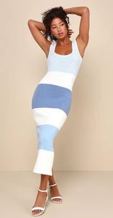 Easily Gorgeous Ivory and Light Blue Striped Midi Sweater Dress Photo 0