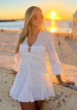 mini dress crochet openwork boho long puff sleeve summer vacation white ruffled Photo 0
