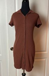 BROWN RIBBED COLLARED WILD FABLE BUTTON UP MINI DRESS Photo 0