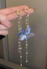 Crystal Butterfly Pearl Tassel Long Dangle Drop Earrings for Women Gold Photo 0