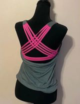 Lululemon Gray and Pink tank top built in bra cross cross detail back sz 2 Photo 0