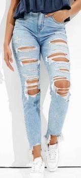 American Eagle  AE Stretch Ripped Mom Jean Light Wash High Waisted Distressed 2 Photo 0