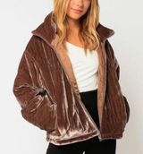 Olivaceous Velvet Crush Long Sleeve Full Zip Bomber Jacket Mocha Women's Size S Photo 0