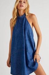 Free People Solid Rising Sun Denim Halter Mini Dress Photo 0