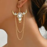 NEW Gold Bull Head Dangle Earrings Long Chain Horn Jewelry Western Cowgirl Style Photo 0