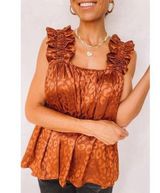 How Very Loved Womens Top Sz L Leopard Print Ruffled Wide Strap Satin Tank NEW Orange Size L Photo 0