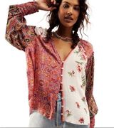 Free People Gemini XS Pink Ivory Floral Pieced Patchwork Button Multiprint Photo 0