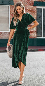 Baltic Born In The Groove Emerald Green Ribbed Velvet Wrap Midi Dress Size Large Photo 0