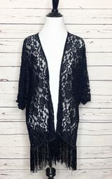 Mauve Black Lace Fringe Trim Kimono Small Photo 0