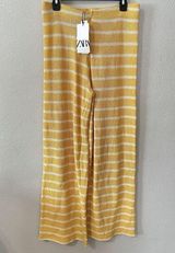 ZARA Yellow Striped Pull On Knit Pants Size Large 70s Crochet Wide Leg Flare NWT Photo 0