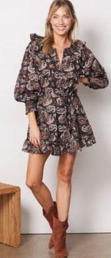 Cleobella Carolyn Split-Neck Paisley Ruffle Mini Dress Small Ruffle Long Sleeve Photo 0