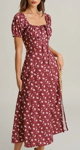 Rihoas Wine Red Floral Square Neck Puffed Sleeve Midi Dress Photo 0