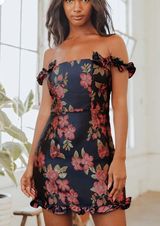 Lulus Pop The Bottle Navy Blue Floral Jacquard Ruffled Mini Dress Photo 0