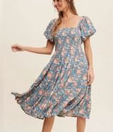 puff sleeve square neckline boho chic Floral smoked bodice midi flowy Dress Photo 0