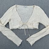 Bershka Crochet Knit Cropped Tie Front Top Size Medium Beige Boho Ruffle Hem Photo 0
