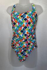 Nautica One-Piece Swimsuit Large Geometric Print Adjustable Back Ruched Tank Swimwear Photo 0
