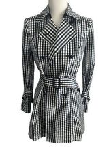 WHITE HOUSE BLACK MARKET WHBM Black White Gingham Plaid Trench Coat Jacket Size Photo 0