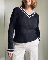Liz Claiborne Cotton Cableknit Tennis Sweater V neck Black White SZ M Twee Prep Photo 0