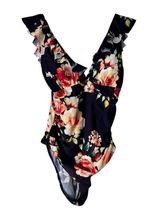 Cupshe M Floral Ruffle One Piece Swimsuit Black Red Peach Beach Pool Vacation‎ Photo 0