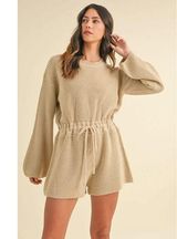 Mable Beige Knit Cinched Crewneck Balloon Long Sleeves Loungewear Romper M/L Tan Size M Photo 0
