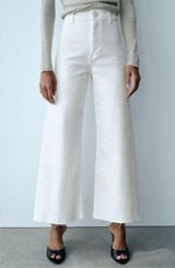 ZARA Straight Wide Leg Raw Hem High Rise Jeans in White Photo 0