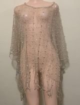 Open Knitted fishnet pancho boho knit sequin fringed one size woman swim cover Tan Photo 0