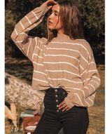 Lulus Cruising for Cozy Tan Striped Knit Balloon Sleeve Sweater Size Small Photo 0