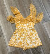 Lovers & Friends Sz S Romper Gold Embroidery On Sheer Material Over White Satin Photo 0