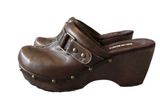 Vintage Y2K Bongo Chunky Brown Leather Clogs Clod Hopper With Studs and Buckle Photo 0