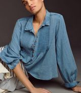 Anthropologie Pilcro Buttondown Blue Chambray Blouse Large Photo 0