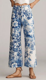 Maeve Anthropologie The Colette Blue Linen Floral Wide Leg Crop Pants Size 27 Photo 0