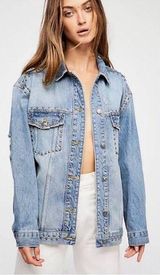 Free People Oversized Studded Distressed Denim Trucker Jacket Size S Photo 0