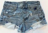 American Eagle Denim Shorts Distressed Frayed Hem Graphic Design Festival Size 8 Photo 0