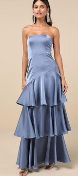 Lulus Blissfully Beautiful Slate Satin Strapless Tiered Maxi Dress Size XL Lined Photo 0