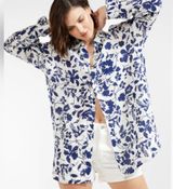 Linen Sydney Oversized Relaxed Button Up Boyfriend Shirt Blue Floral Photo 0