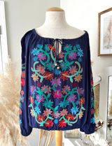 Soft Surroundings Emanuella Embroidered Flower Top Size M Navy Blue Bohemian Photo 0
